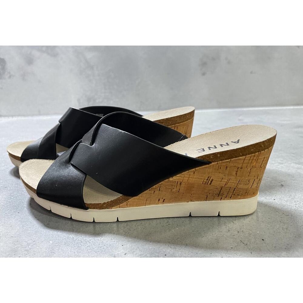 Anne Klein Wedge Sandals Leather Black Size 8 Shoes Cork Heels Slip On Slingback